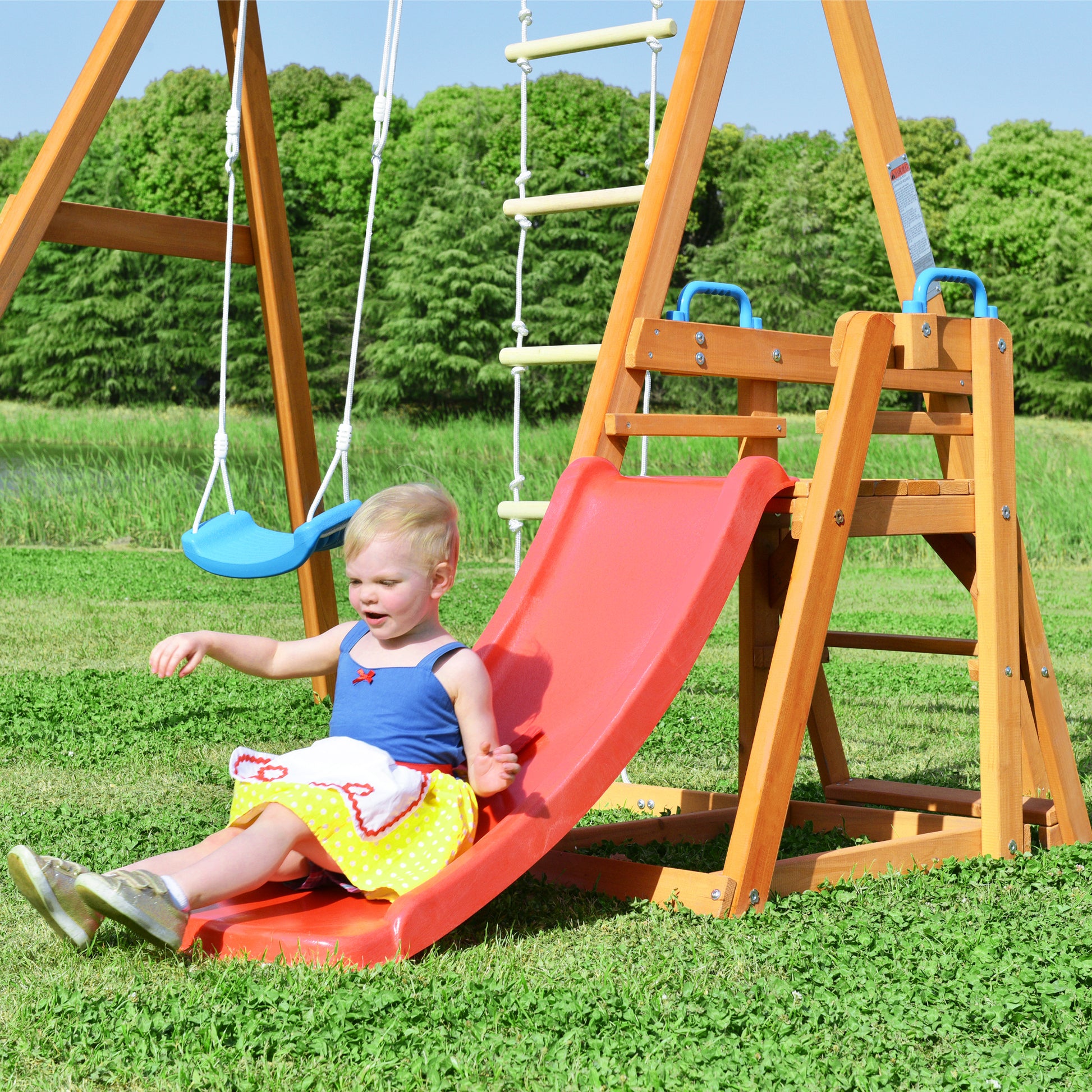 Wooden Swing Set With Slide, Outdoor Playset Backyard Activity Playground Climb Swing Outdoor Play Structure For Toddlers, Ready To Assemble Wooden Swing N Slide Set Kids Climbers Natural Solid Wood