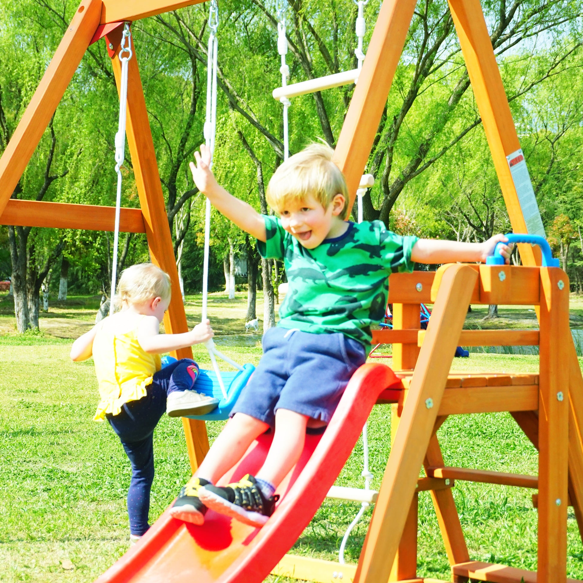 Wooden Swing Set With Slide, Outdoor Playset Backyard Activity Playground Climb Swing Outdoor Play Structure For Toddlers, Ready To Assemble Wooden Swing N Slide Set Kids Climbers Natural Solid Wood