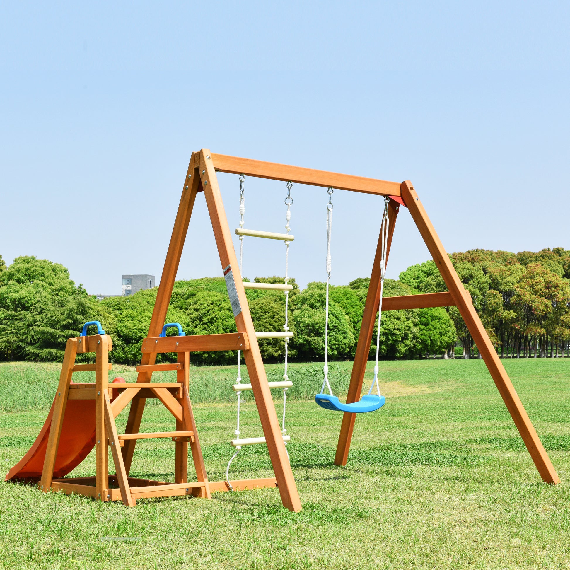 Wooden Swing Set With Slide, Outdoor Playset Backyard Activity Playground Climb Swing Outdoor Play Structure For Toddlers, Ready To Assemble Wooden Swing N Slide Set Kids Climbers Natural Solid Wood