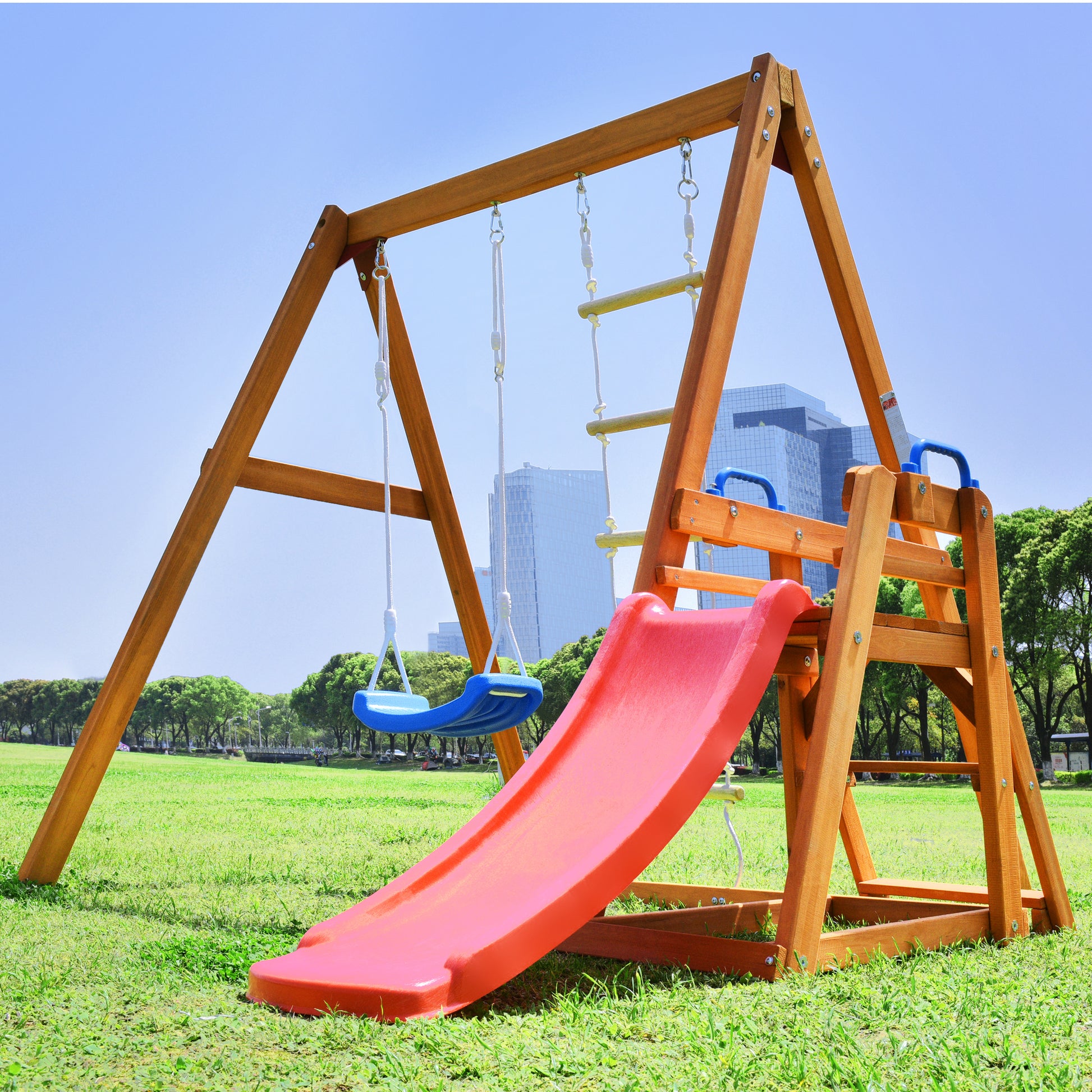 Wooden Swing Set With Slide, Outdoor Playset Backyard Activity Playground Climb Swing Outdoor Play Structure For Toddlers, Ready To Assemble Wooden Swing N Slide Set Kids Climbers Natural Solid Wood