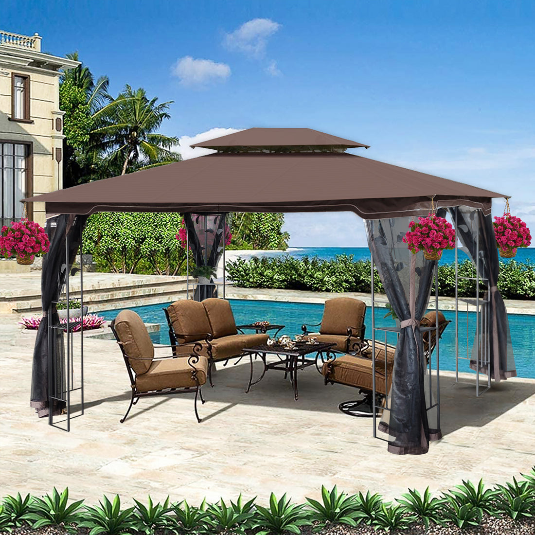13X10 Outdoor Patio Gazebo Canopy Tent With Ventilated Double Roof And Mosquito Net Detachable Mesh Screen On All Sides ,Suitable For Lawn, Garden, Backyard And Deck,Brown Top Brown Metal