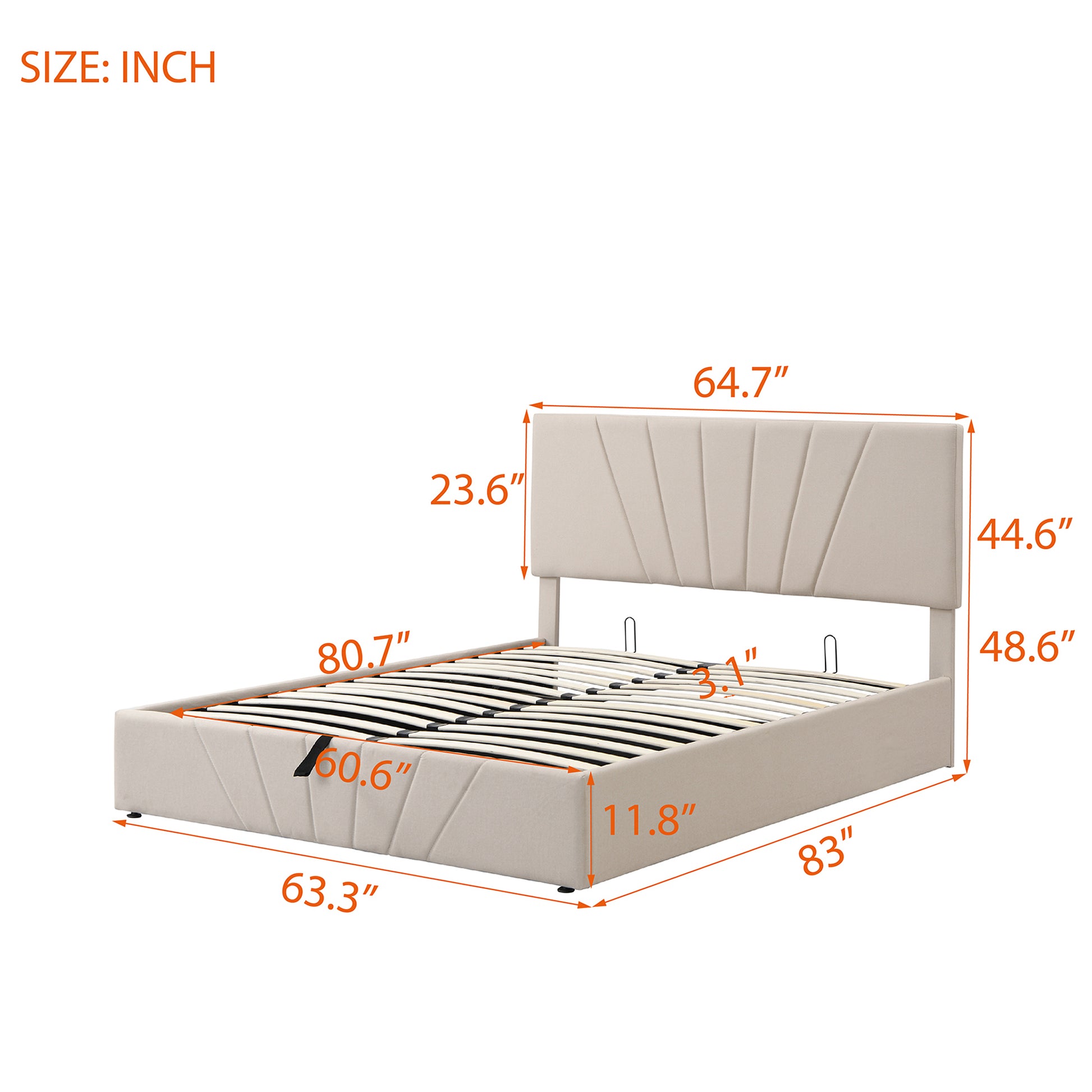 Queen Size Upholstered Platform Bed With A Hydraulic Storage System Beige Beige Upholstered