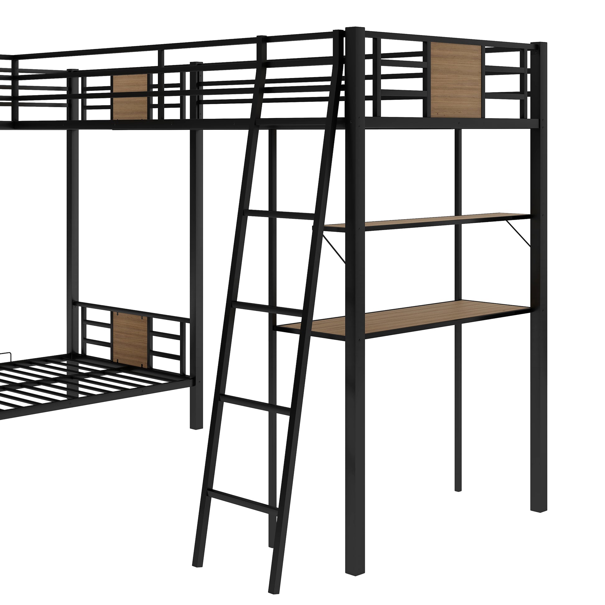 L Shaped Twin Over Twin Bunk Bed With Twin Size Loft Bed With Desk And Shelf ,Brown Brown Steel