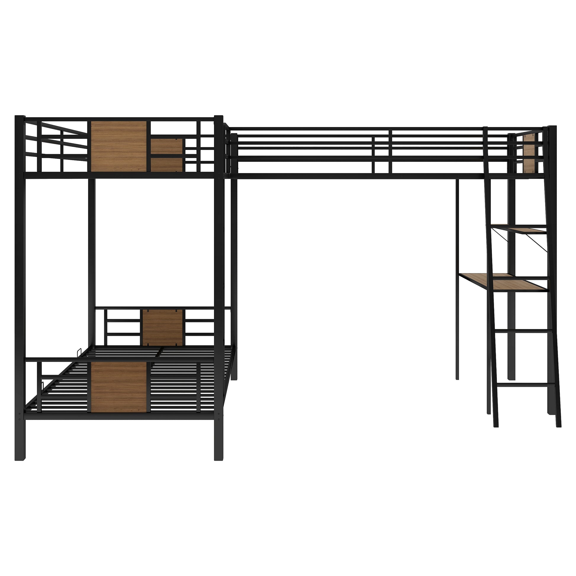L Shaped Twin Over Twin Bunk Bed With Twin Size Loft Bed With Desk And Shelf ,Brown Brown Steel