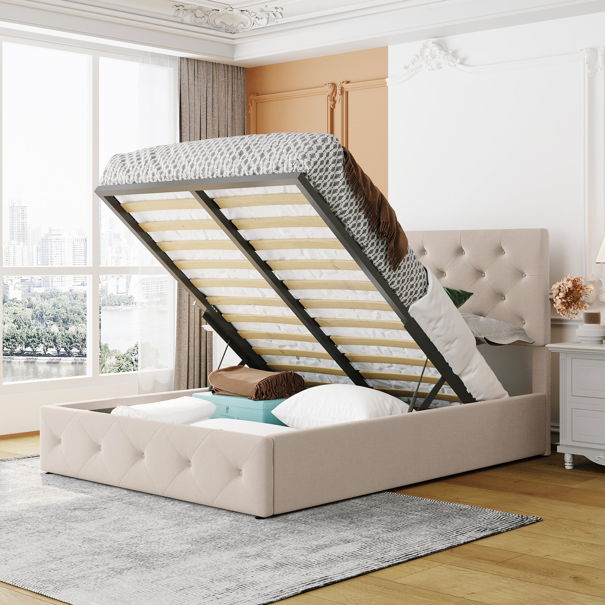Full Size Upholstered Platform Bed With A Hydraulic Storage System Beige Beige Upholstered