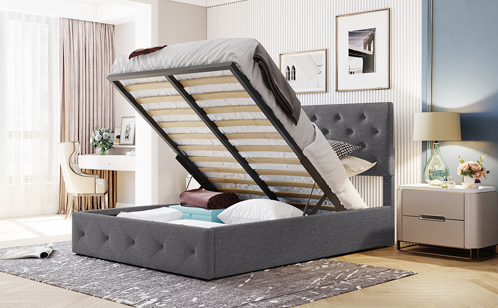 Full Size Upholstered Platform Bed With A Hydraulic Storage System Gray Gray Upholstered
