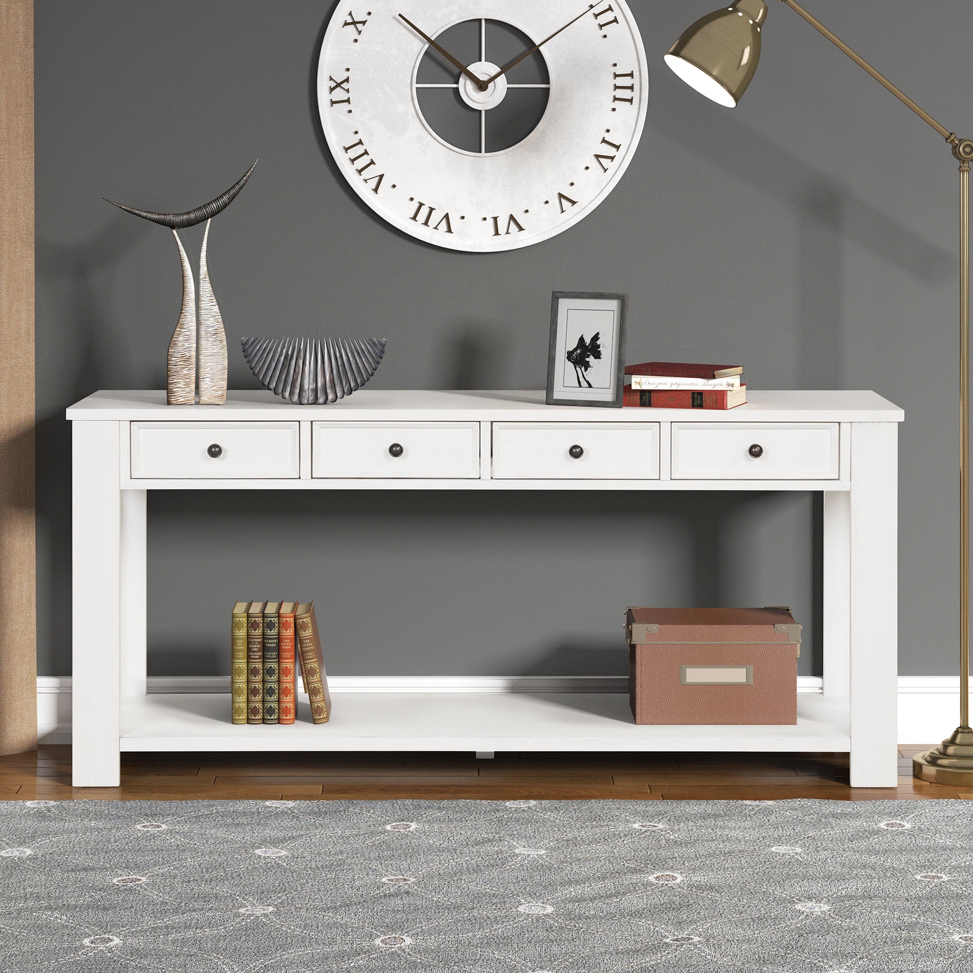 63" Pine Wood Console Table With 4 Drawers And 1 Bottom Shelf For Entryway Hallway Easy Assembly 63 Inch Long Sofa Table Antique White Antique White Pine