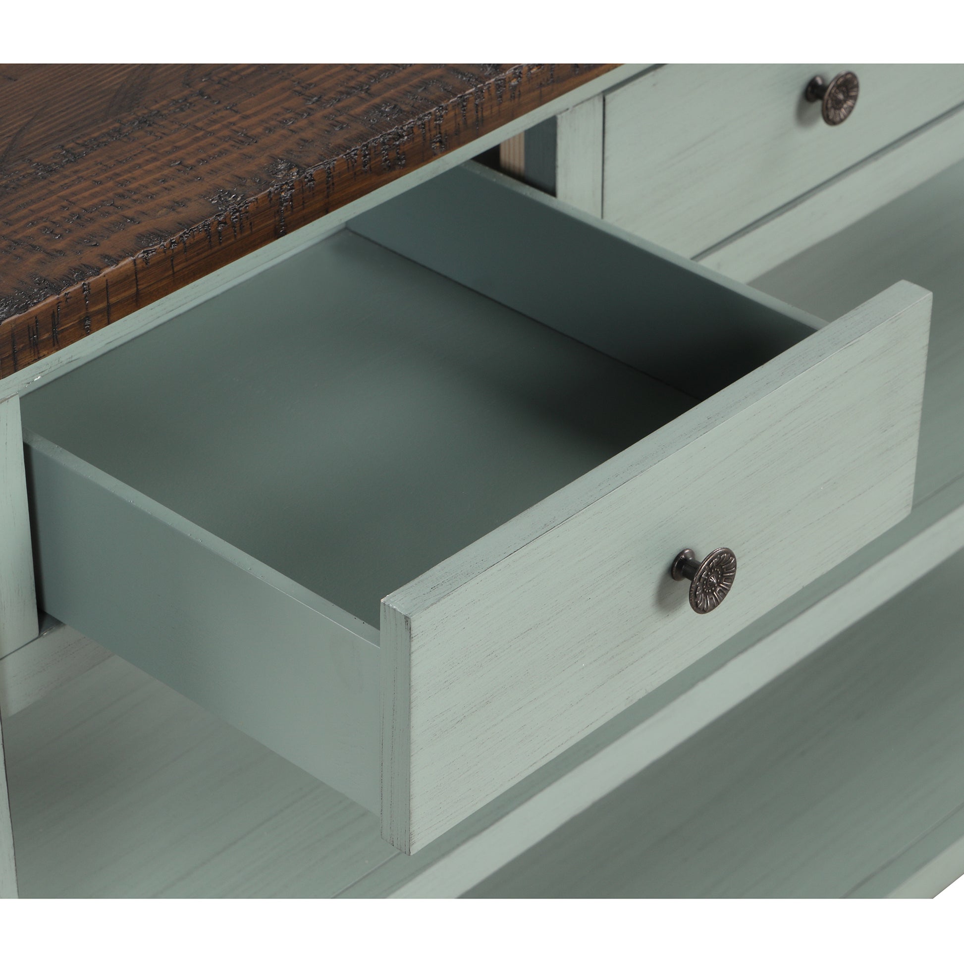 48'' Solid Pine Wood Top Console Table, Modern Entryway Sofa Side Table With 3 Storage Drawers And 2 Shelves. Easy To Assemble Green Brown Top Green Pine