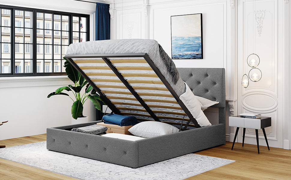 Queen Size Upholstered Platform Bed With A Hydraulic Storage System Gray Gray Upholstered