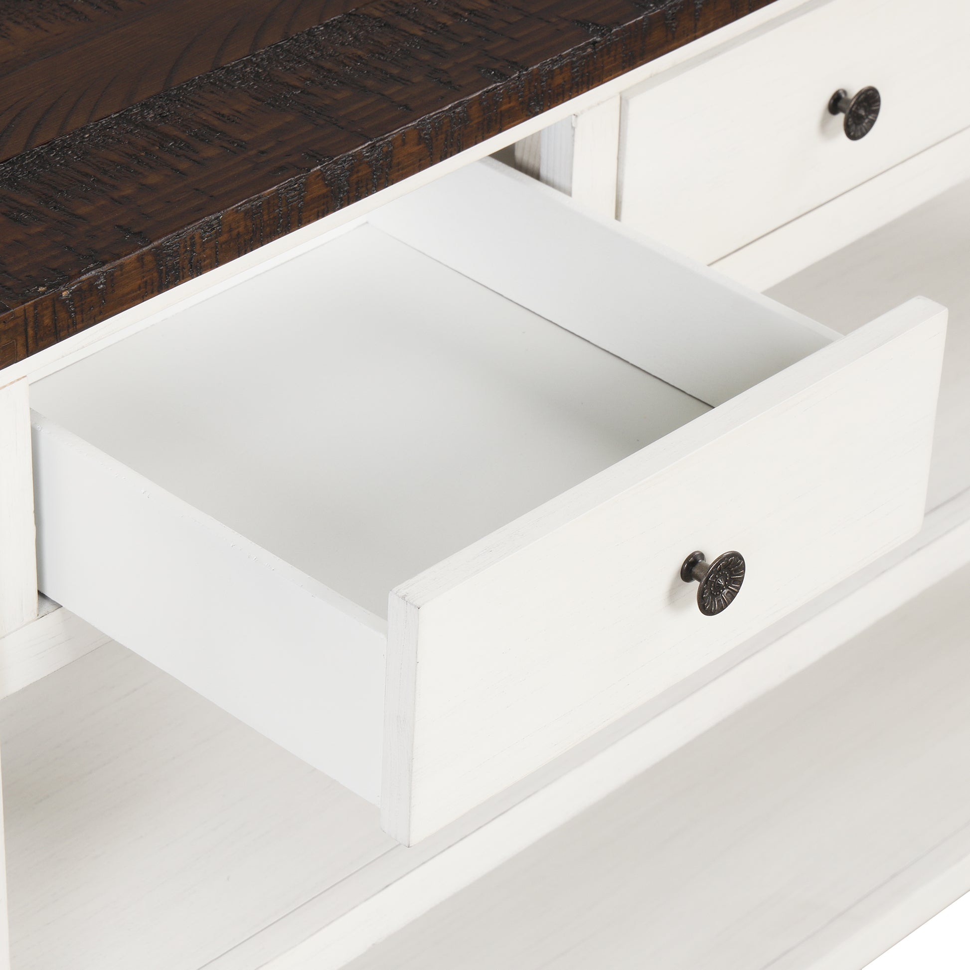 48'' Solid Pine Wood Top Console Table, Modern Entryway Sofa Side Table With 3 Storage Drawers And 2 Shelves. Easy To Assemble Antique White Brown Top Antique White Pine