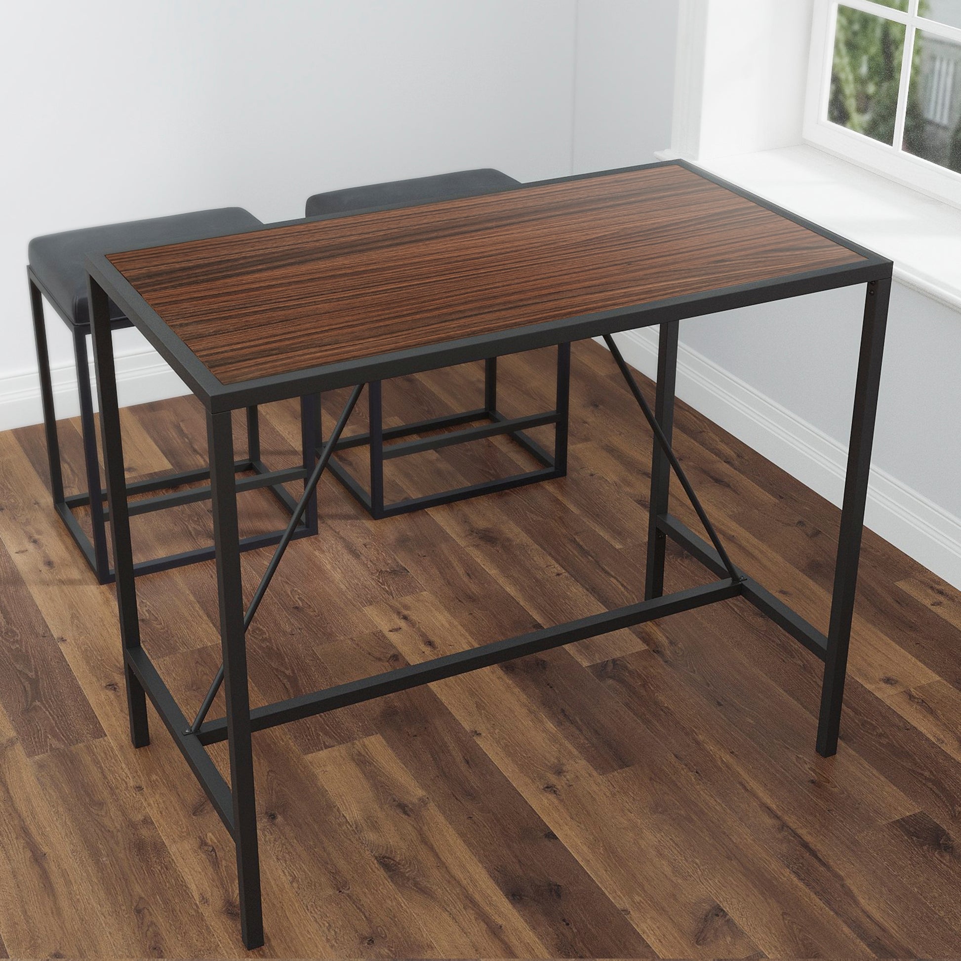 Riley Indoor Walnut Metal Pub Dining Table With Metal Frame Walnut Black Metal & Wood