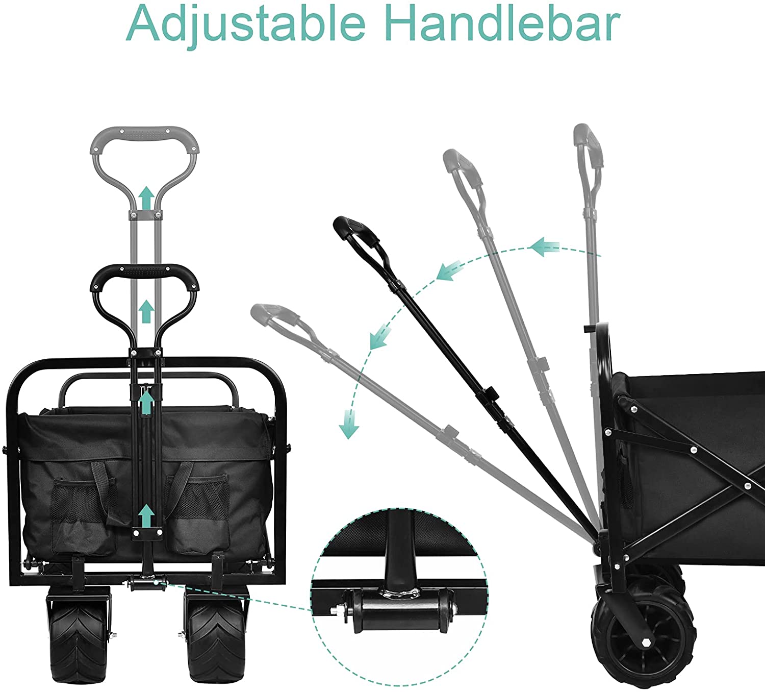 Yssoa Heavy Duty Folding Portable Cart Wagon With 7'' Widened All Terrain Wheels Prevent To Sinking In The Sand, Adjustable Handles And Double Fabric For Shopping, Park, Beach, Camping, Black Black