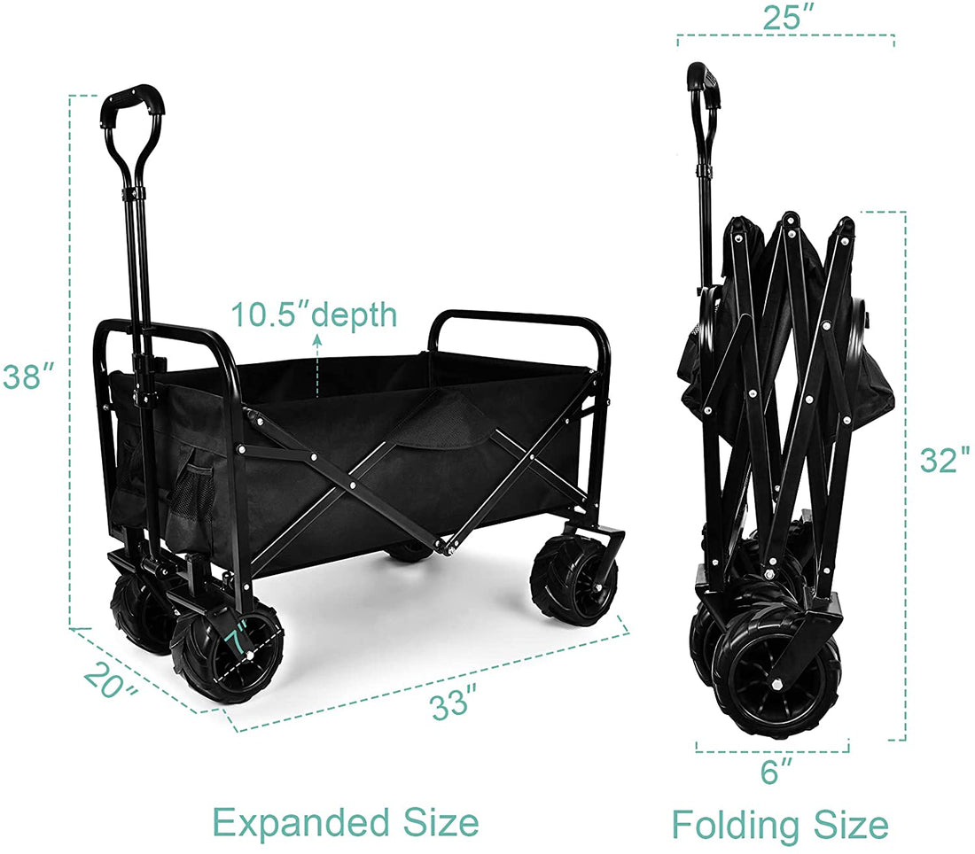 Yssoa Heavy Duty Folding Portable Cart Wagon With 7'' Widened All Terrain Wheels Prevent To Sinking In The Sand, Adjustable Handles And Double Fabric For Shopping, Park, Beach, Camping, Black Black