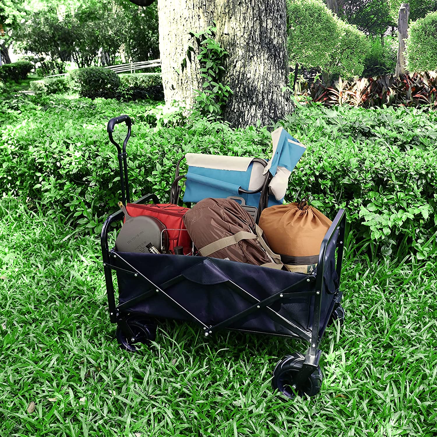 Yssoa Heavy Duty Folding Portable Cart Wagon With 7'' Widened All Terrain Wheels Prevent To Sinking In The Sand, Adjustable Handles And Double Fabric For Shopping, Park, Beach, Camping, Black Black