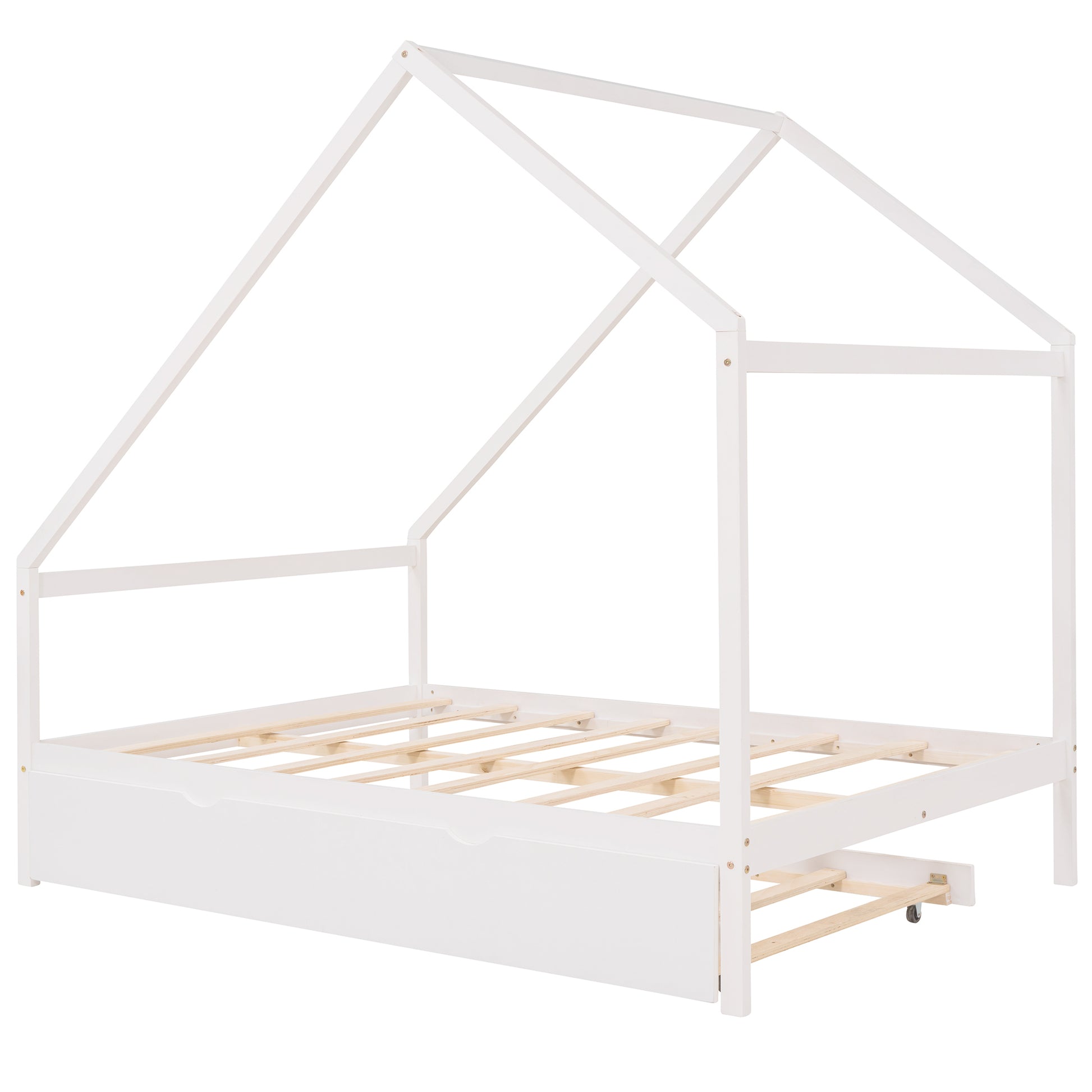 Full Size Wooden House Bed With Twin Size Trundle, White White Solid Wood