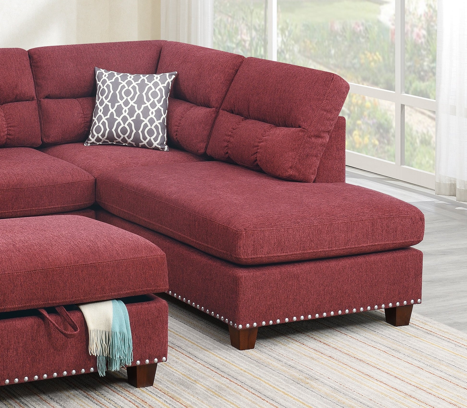 Sectional Sofa Red Velvet #F6419 Red Fabric 4 Seat