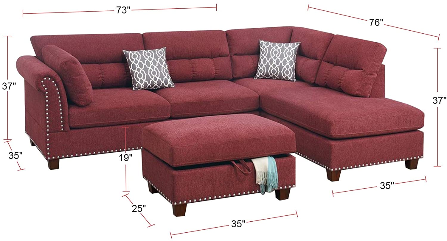 Sectional Sofa Red Velvet #F6419 Red Fabric 4 Seat