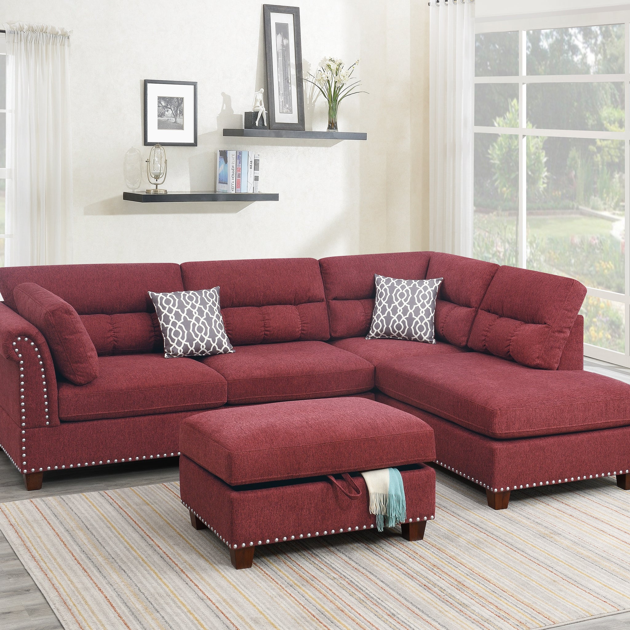 Sectional Sofa Red Velvet #F6419 Red Fabric 4 Seat