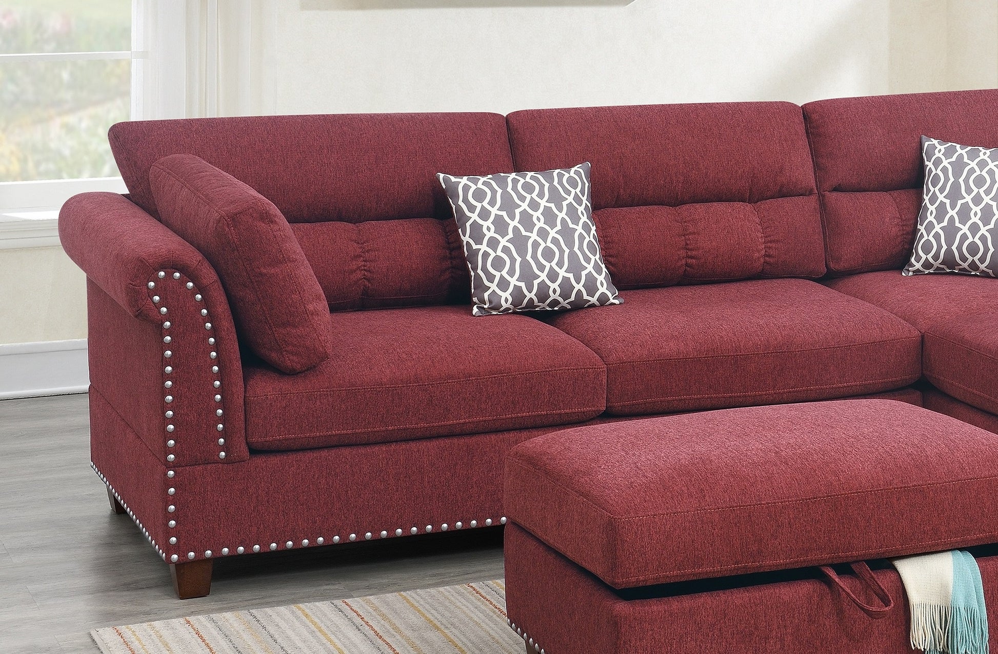 Sectional Sofa Red Velvet #F6419 Red Fabric 4 Seat
