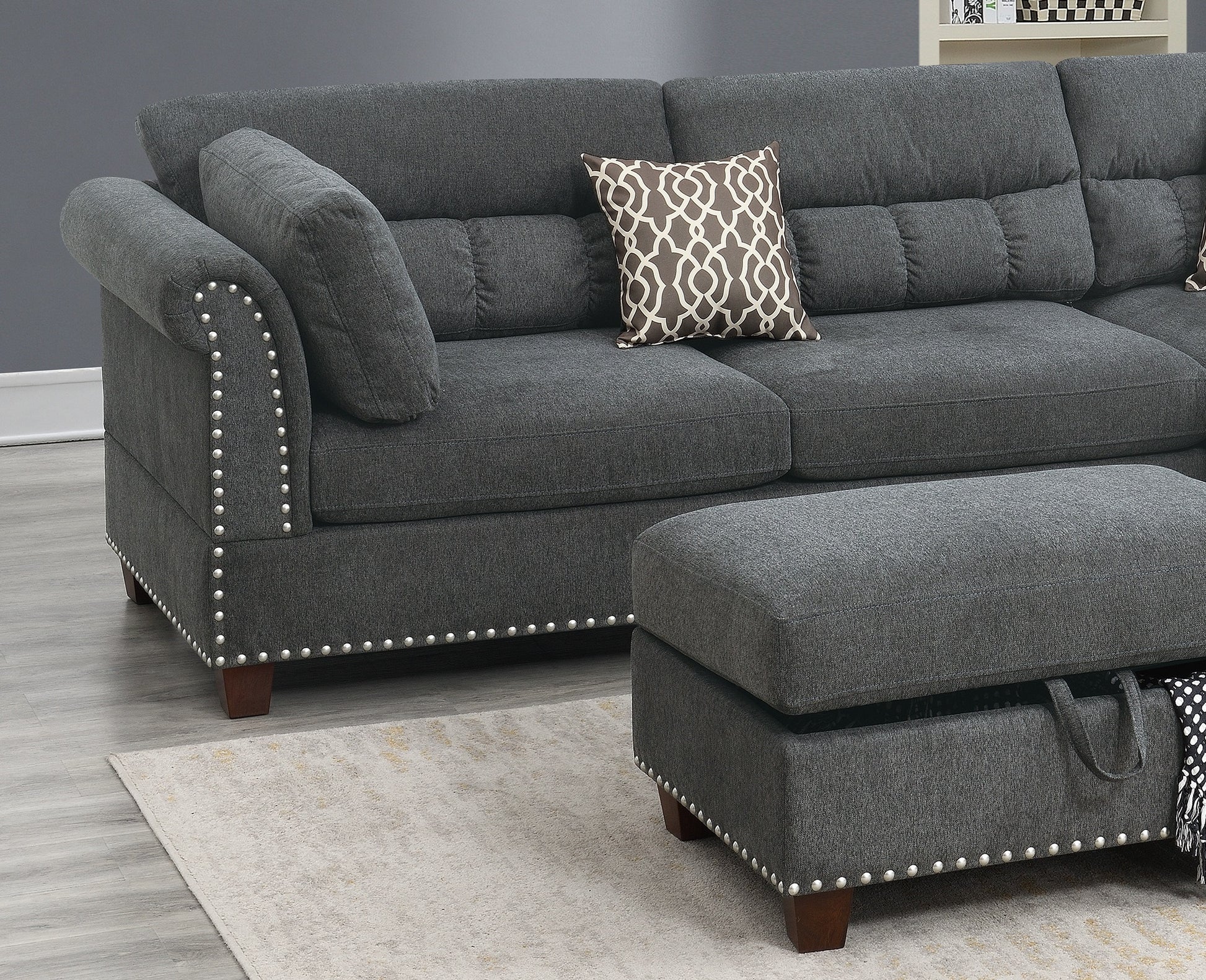 Sectional Sofa Slate Color Velvet Fabric Reversible Chaise Sofa Sectional W Pillows Cocktail Storage Ottoman 3Pc Set Grey Mix Velvet Wood Primary Living Space Cushion Back Contemporary,Modern Pillow Top Arms Velvet 5 Seat
