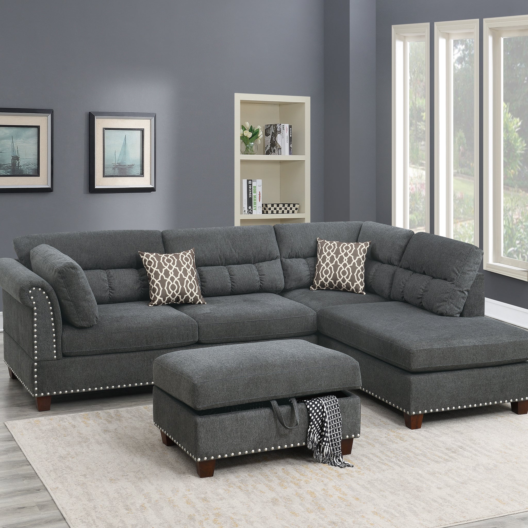 Sectional Sofa Slate Color Velvet Fabric Reversible Chaise Sofa Sectional W Pillows Cocktail Storage Ottoman 3Pc Set Grey Mix Velvet Wood Primary Living Space Cushion Back Contemporary,Modern Pillow Top Arms Velvet 5 Seat