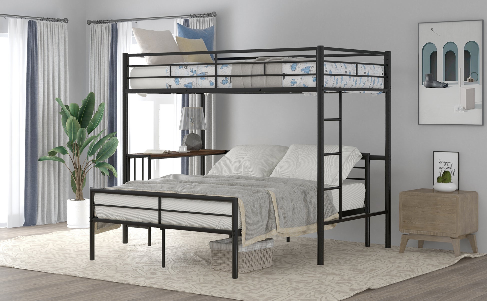 Twin Over Full Metal Bunk Bed With Desk, Ladder And Quality Slats For Bedroom, Metallic Black Old Sku :Lp000092Aab Black Metal