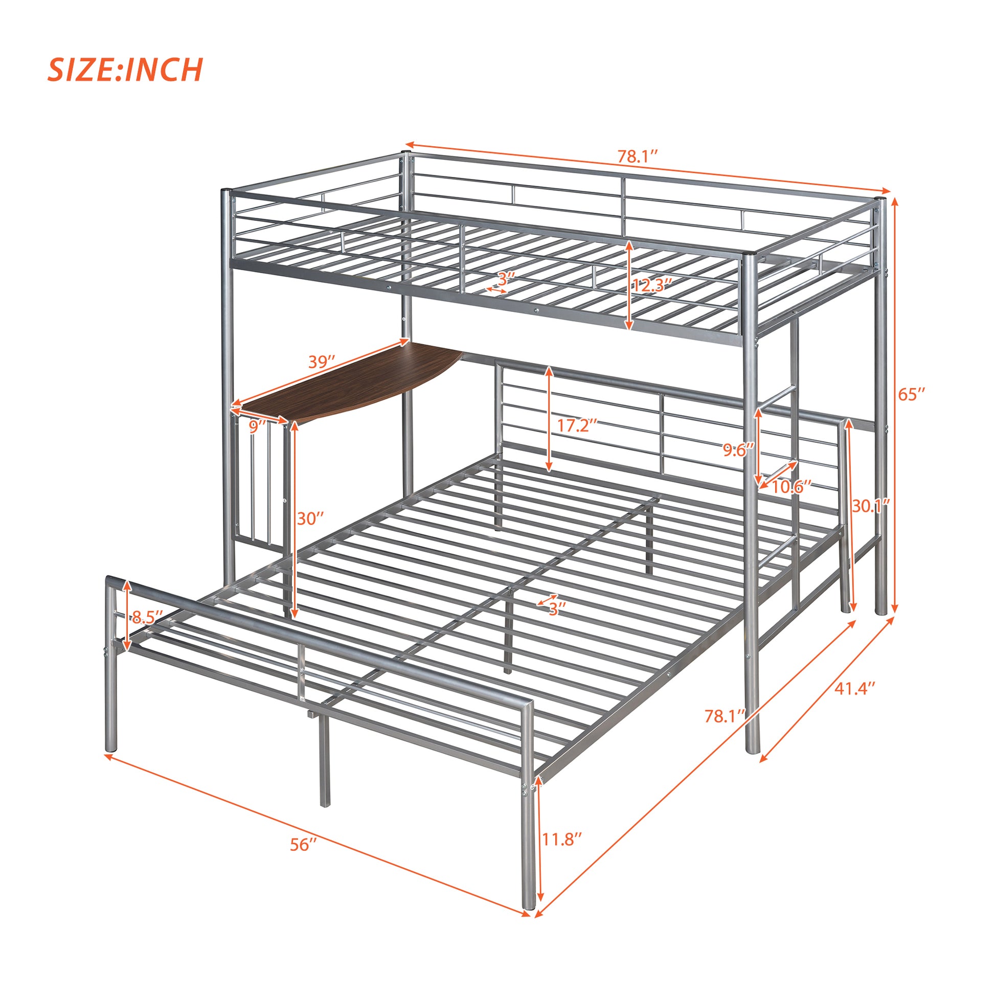 Twin Over Full Metal Bunk Bed With Desk, Ladder And Quality Slats For Bedroom, Metallic Silver Old Sku :Lp000092Aan Silver Metal