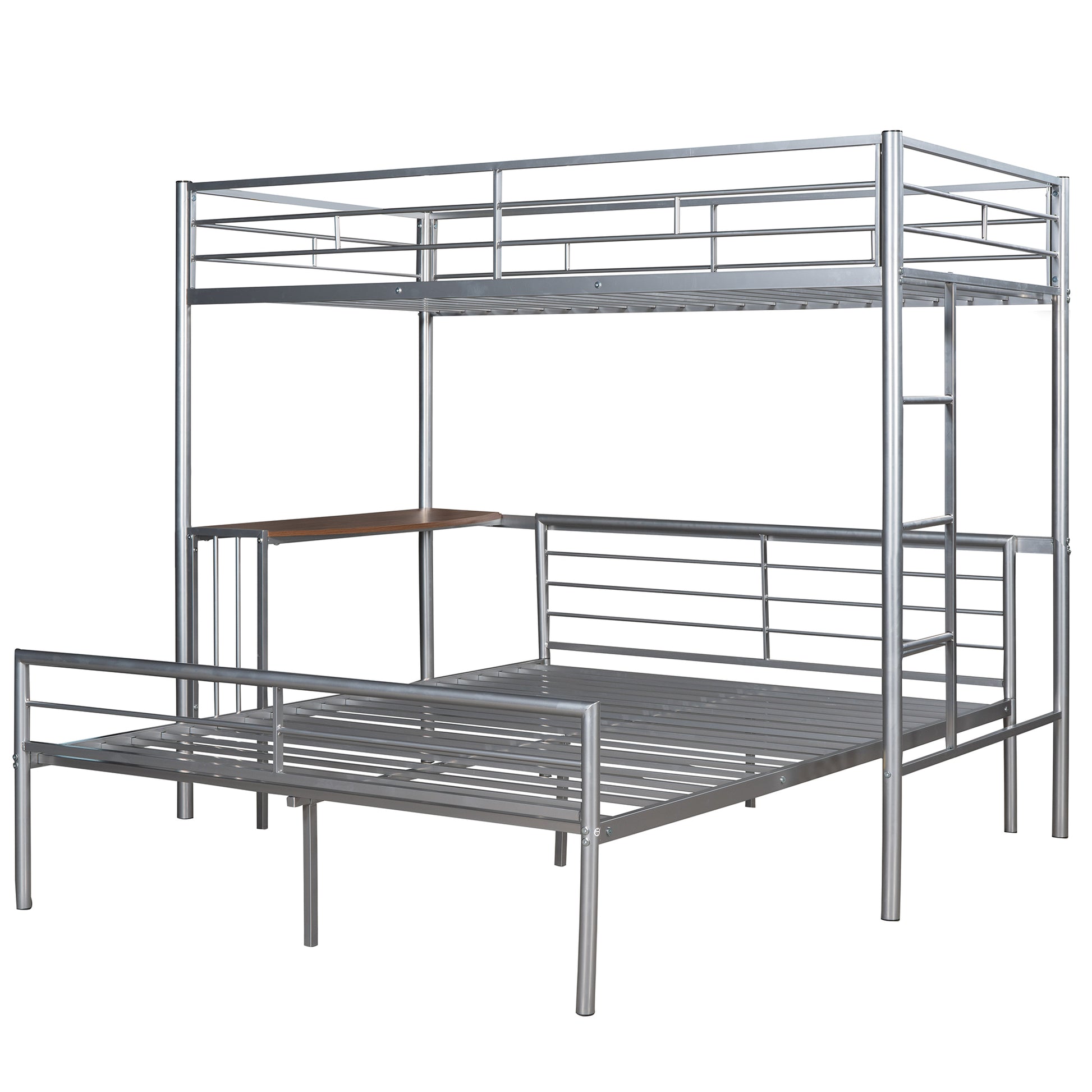 Twin Over Full Metal Bunk Bed With Desk, Ladder And Quality Slats For Bedroom, Metallic Silver Old Sku :Lp000092Aan Silver Metal