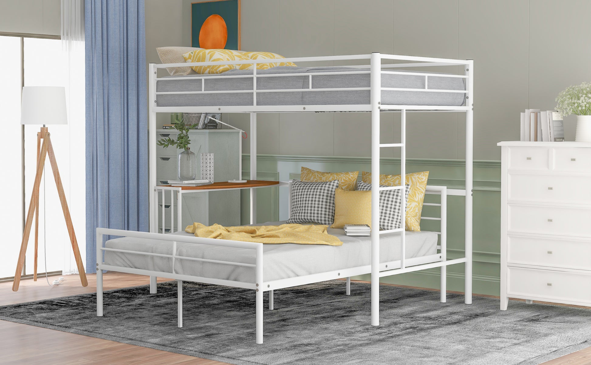 Twin Over Full Metal Bunk Bed With Desk, Ladder And Quality Slats For Bedroom, Metallic White Old Sku :Lp000092Aak White Metal