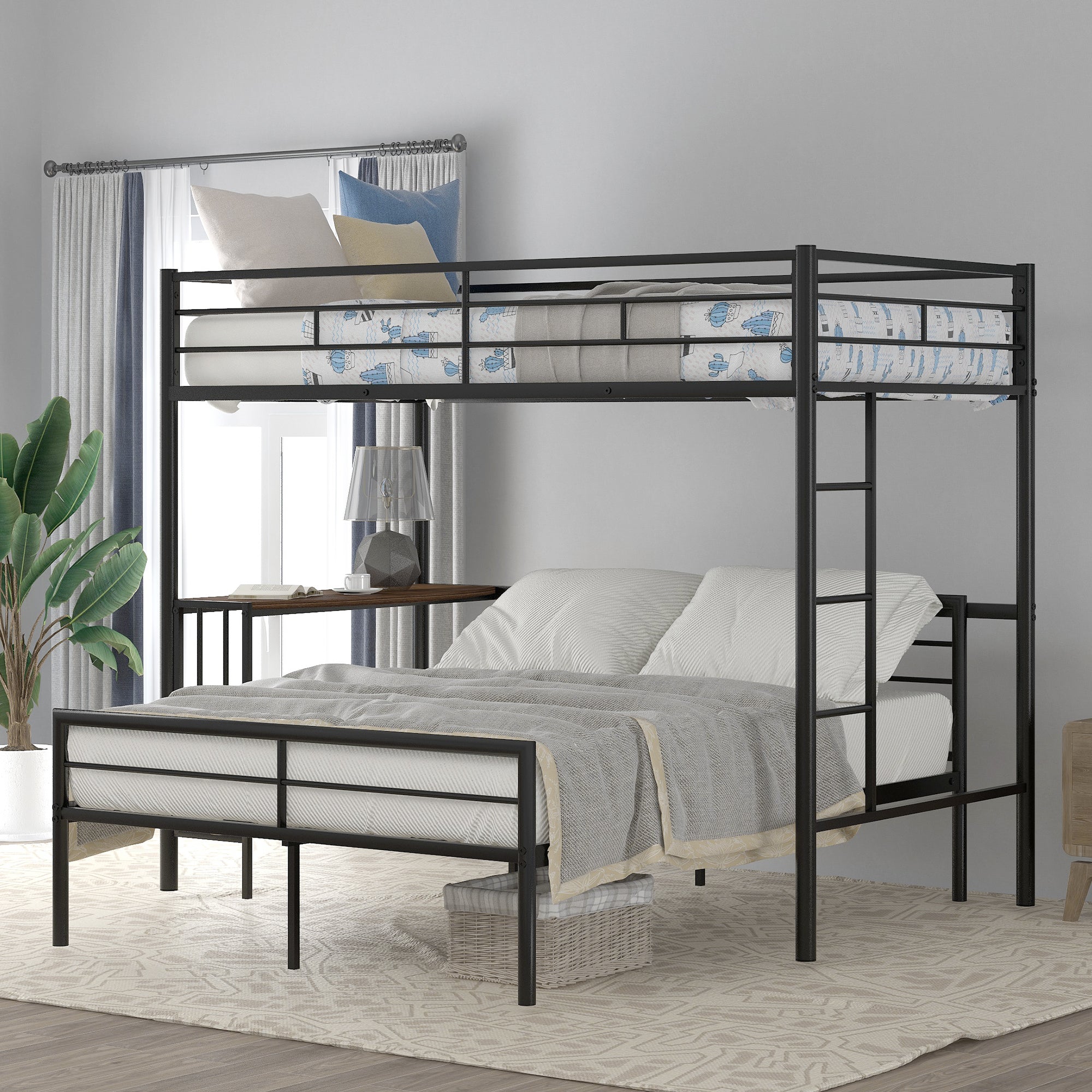 Twin Over Full Metal Bunk Bed With Desk, Ladder And Quality Slats For Bedroom, Metallic Black Old Sku :Lp000092Aab Black Metal