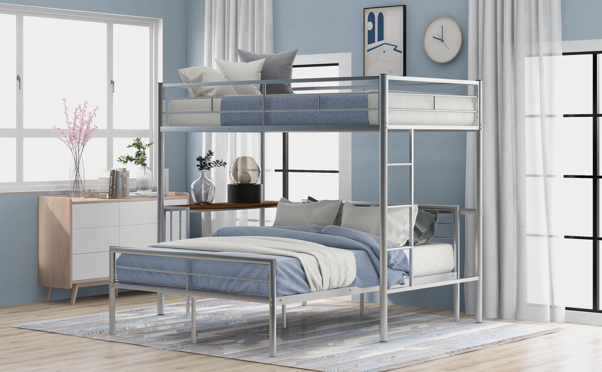 Twin Over Full Metal Bunk Bed With Desk, Ladder And Quality Slats For Bedroom, Metallic Silver Old Sku :Lp000092Aan Silver Metal