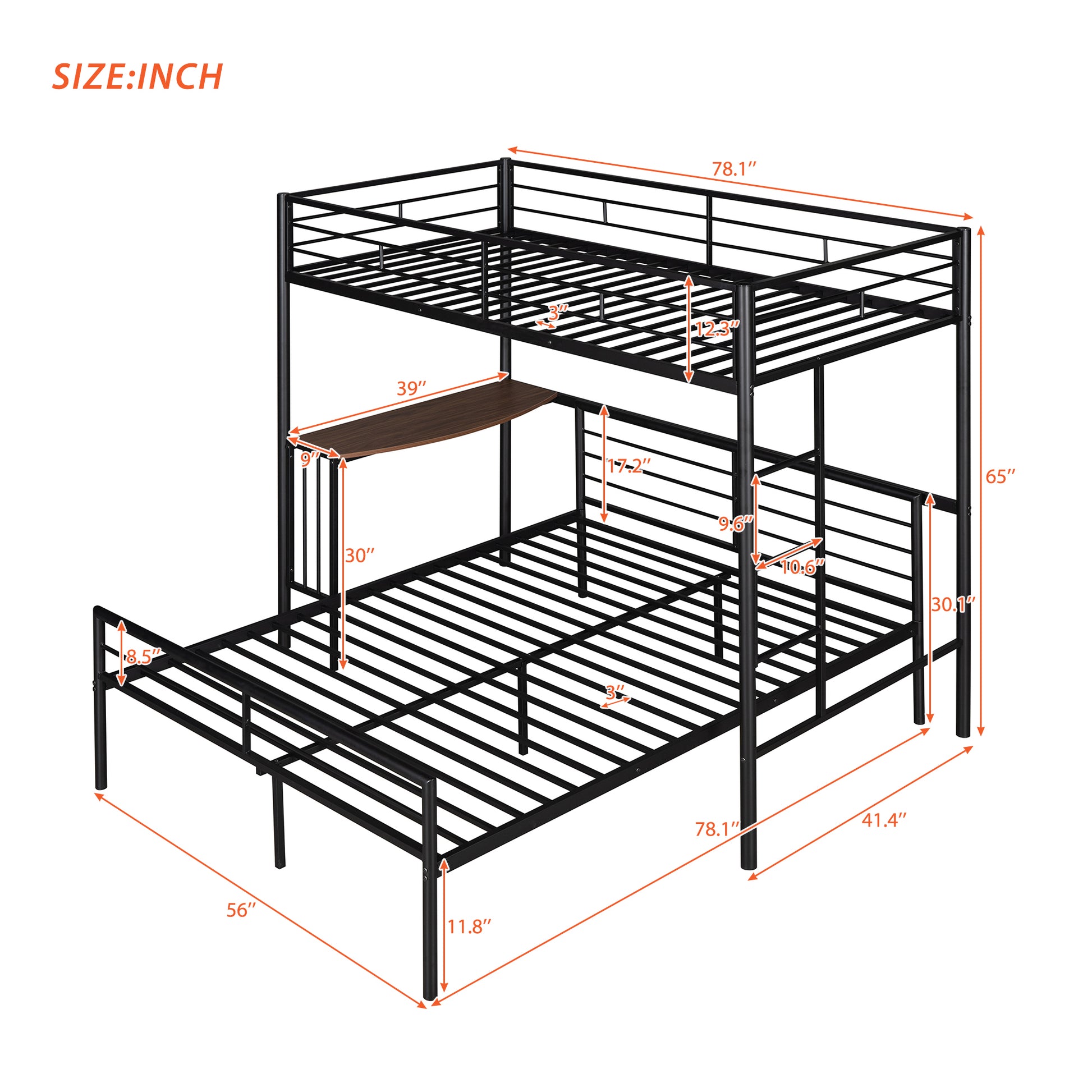 Twin Over Full Metal Bunk Bed With Desk, Ladder And Quality Slats For Bedroom, Metallic Black Old Sku :Lp000092Aab Black Metal
