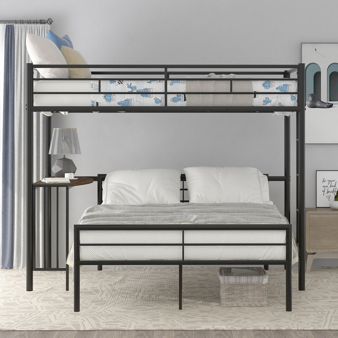Twin Over Full Metal Bunk Bed With Desk, Ladder And Quality Slats For Bedroom, Metallic Black Old Sku :Lp000092Aab Black Metal