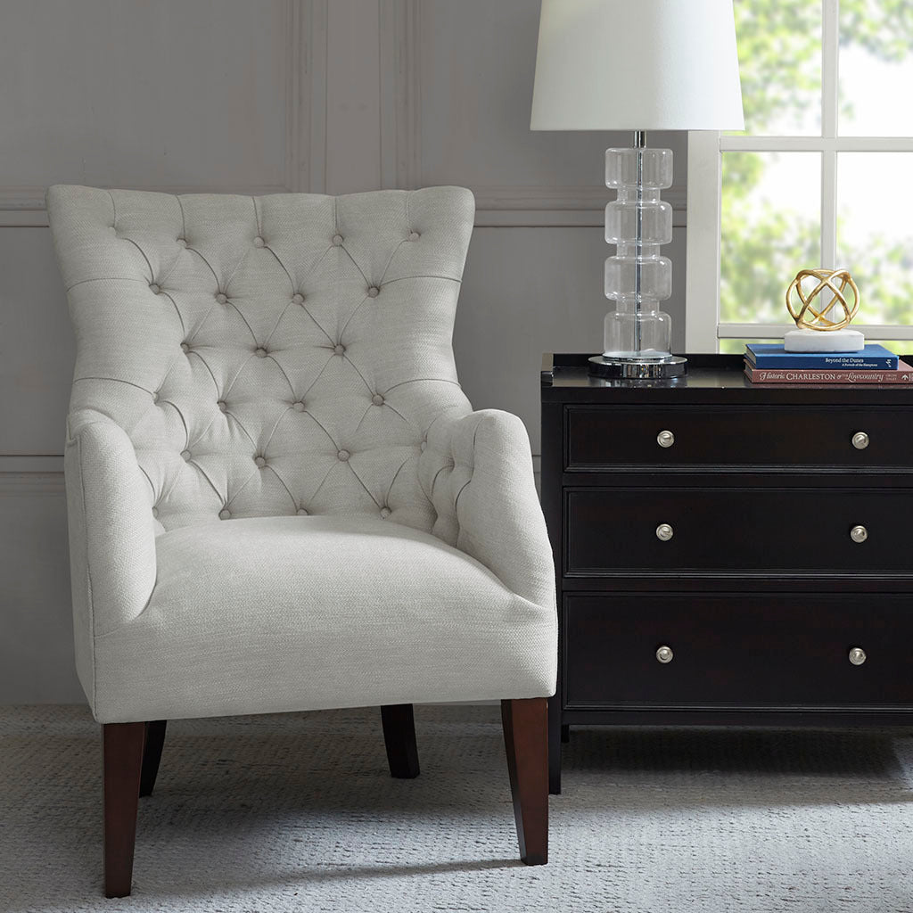 Hannah Button Tufted Wing Chair Ivory Solid Wood