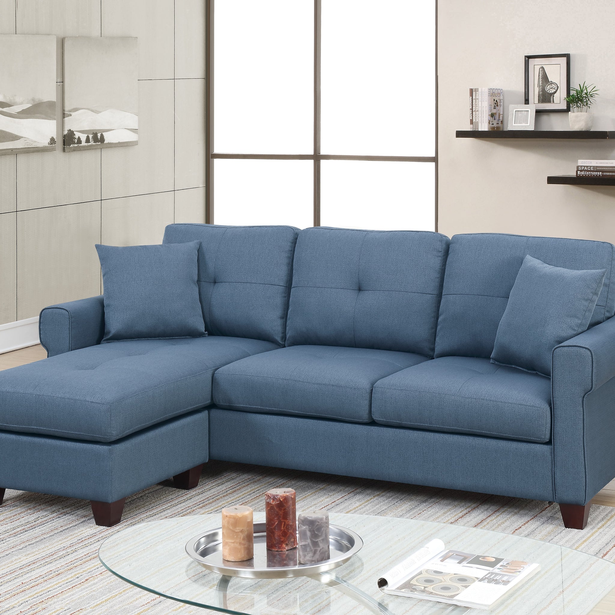Blue Color Glossy Polyfiber Tufted Cushion Couch Sectional Sofa Chaise Living Room Furniture Reversible Sectionals Chaise Blue Wood Primary Living Space Cushion Back Contemporary,Modern L Shaped Pine Square Arms Fabric 4 Seat