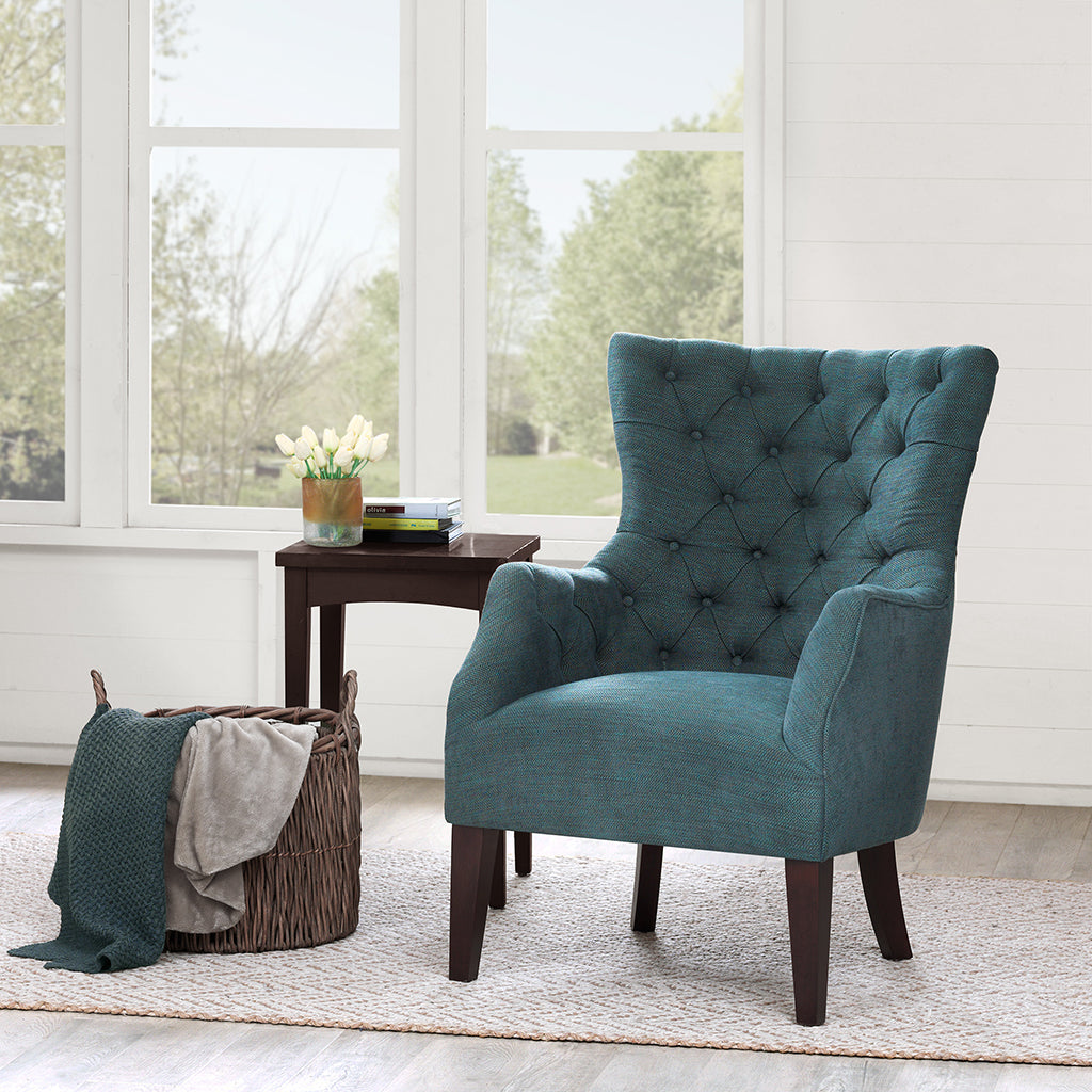 Hannah Button Tufted Wing Chair Dark Green Solid Wood