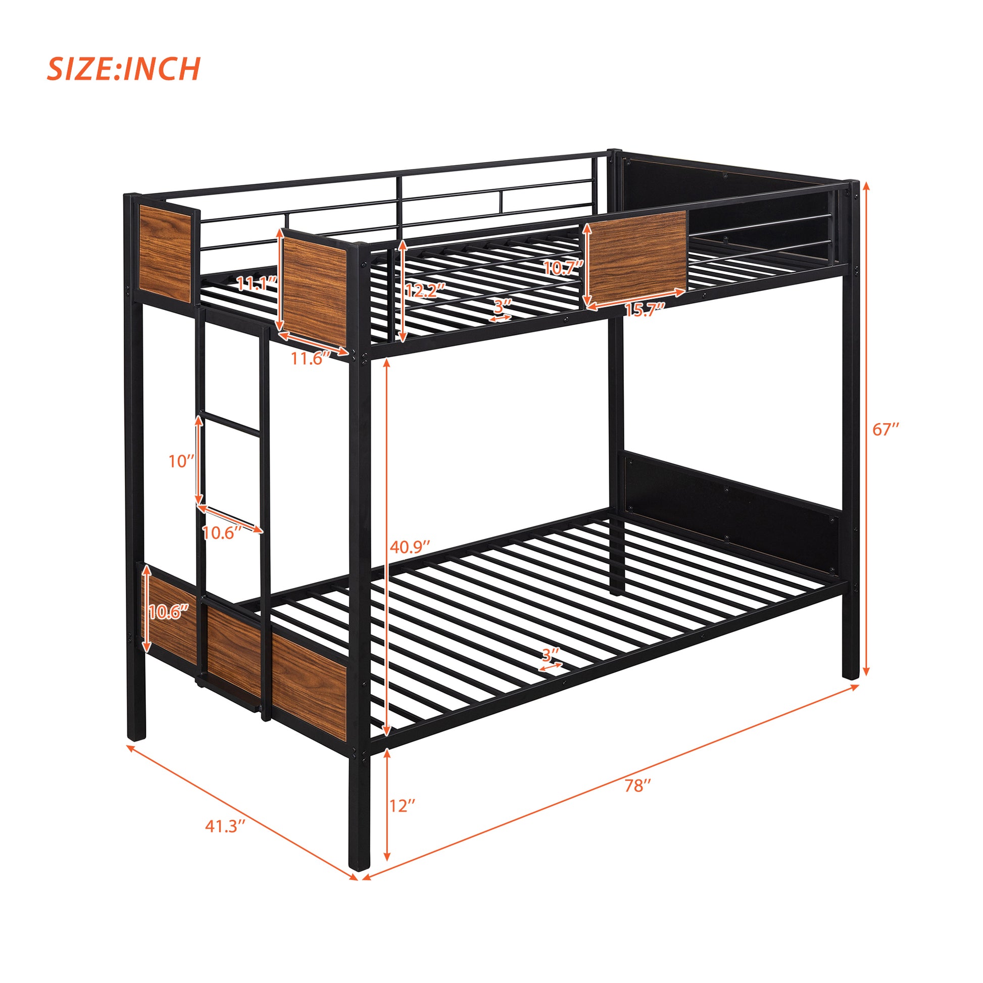 Twin Over Twin Bunk Bed Modern Style Steel Frame Bunk Bed With Safety Rail, Built In Ladder For Bedroom, Dorm, Boys, Girls, Adults Old Sku:Mf190839Aad Twin Brown Metal