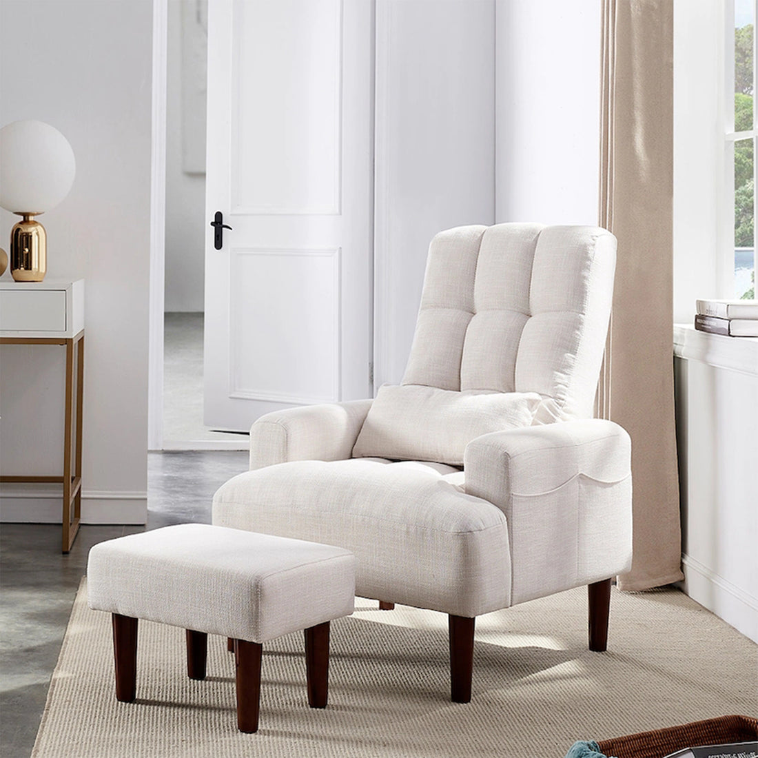 Redde Boo Brand Modern Design Living Room Cream White Recliner Soft Cozy Sofa Chair With Ottoman Cream White Foam Fabric