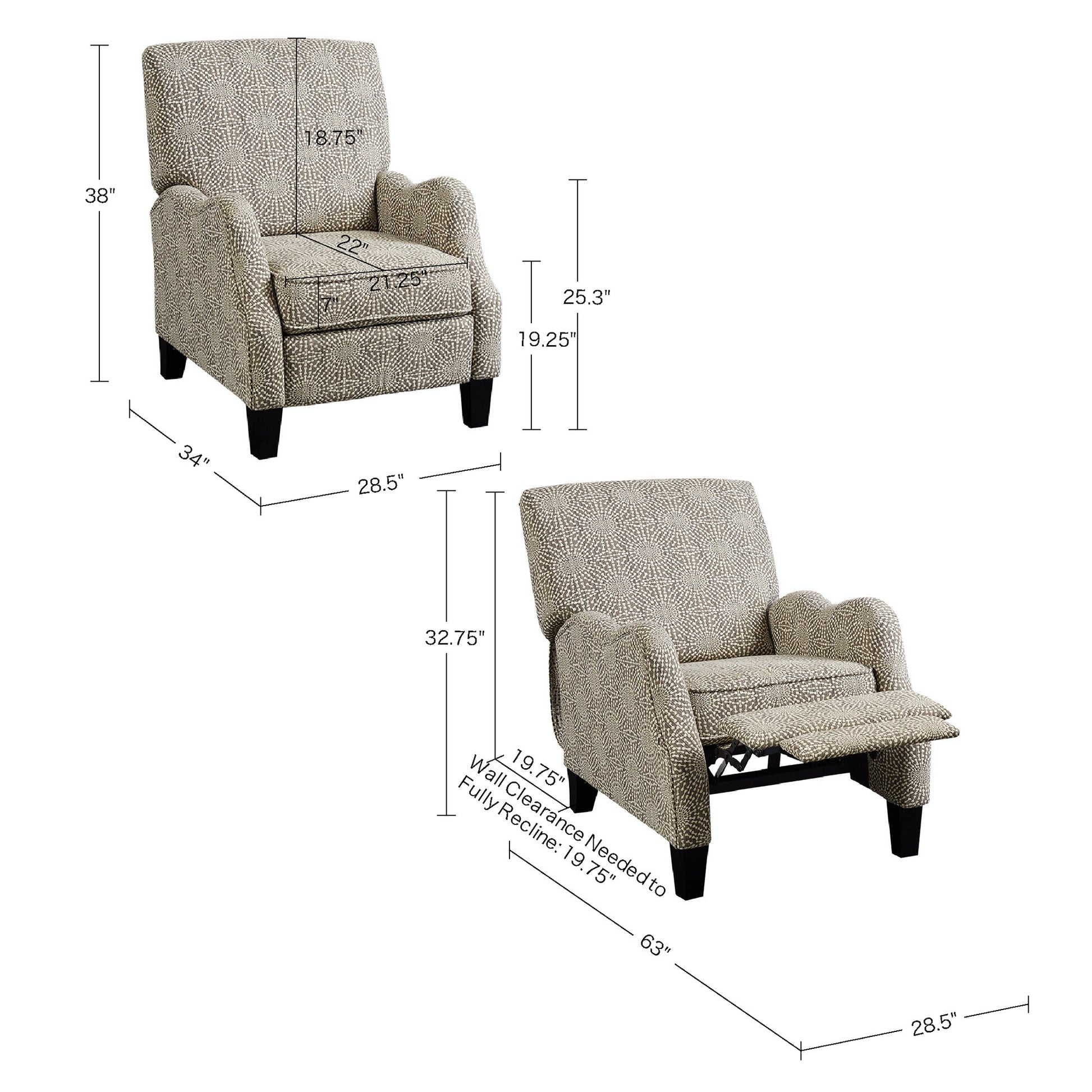 Push Back Recliner Beige Multi Polyester
