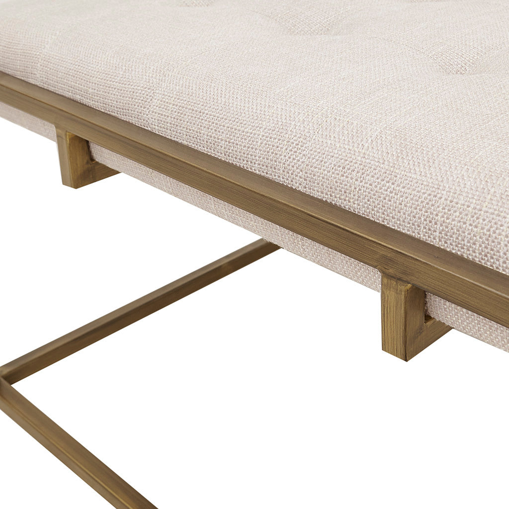 Square Shape Button Tufted Upholstered Metal Base Ottoman Coffee Table Ivory Polyester