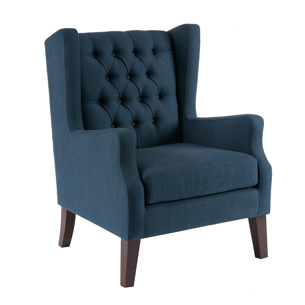 Maxwell Button Tufted Wing Chair Navy Solid Wood