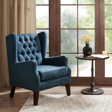 Maxwell Button Tufted Wing Chair Navy Solid Wood