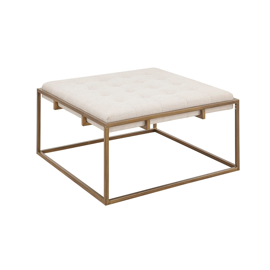 Square Shape Button Tufted Upholstered Metal Base Ottoman Coffee Table Ivory Polyester
