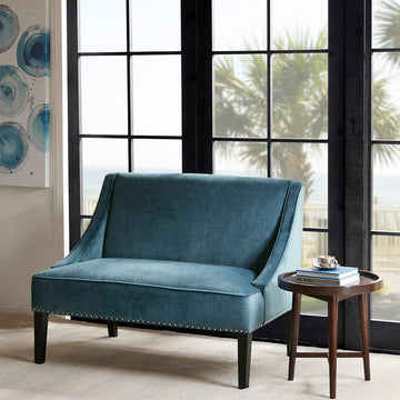 44" Settee,Polyester Fabric Rich Upholstery Modern Style For Living Room,Blue Blue Solid Wood