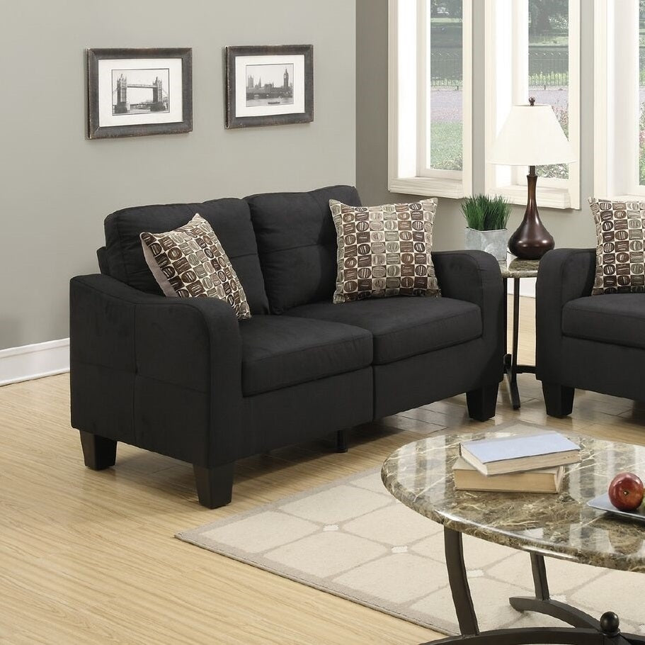 Living Room Furniture 2Pc Sofa Set Black Polyfiber Sofa And Loveseat W Pillows Cushion Couch Black Primary Living Space Cushion Back Contemporary,Modern Rubberwood Square Arms Particle Board 4 Seat