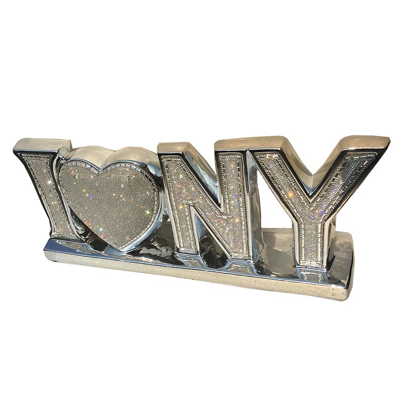 "I Beautiful York" Ceramic Chrome Plated Table Top In Diamond Incrustation 20 In X 4 In X 8 In Silver Ceramic
