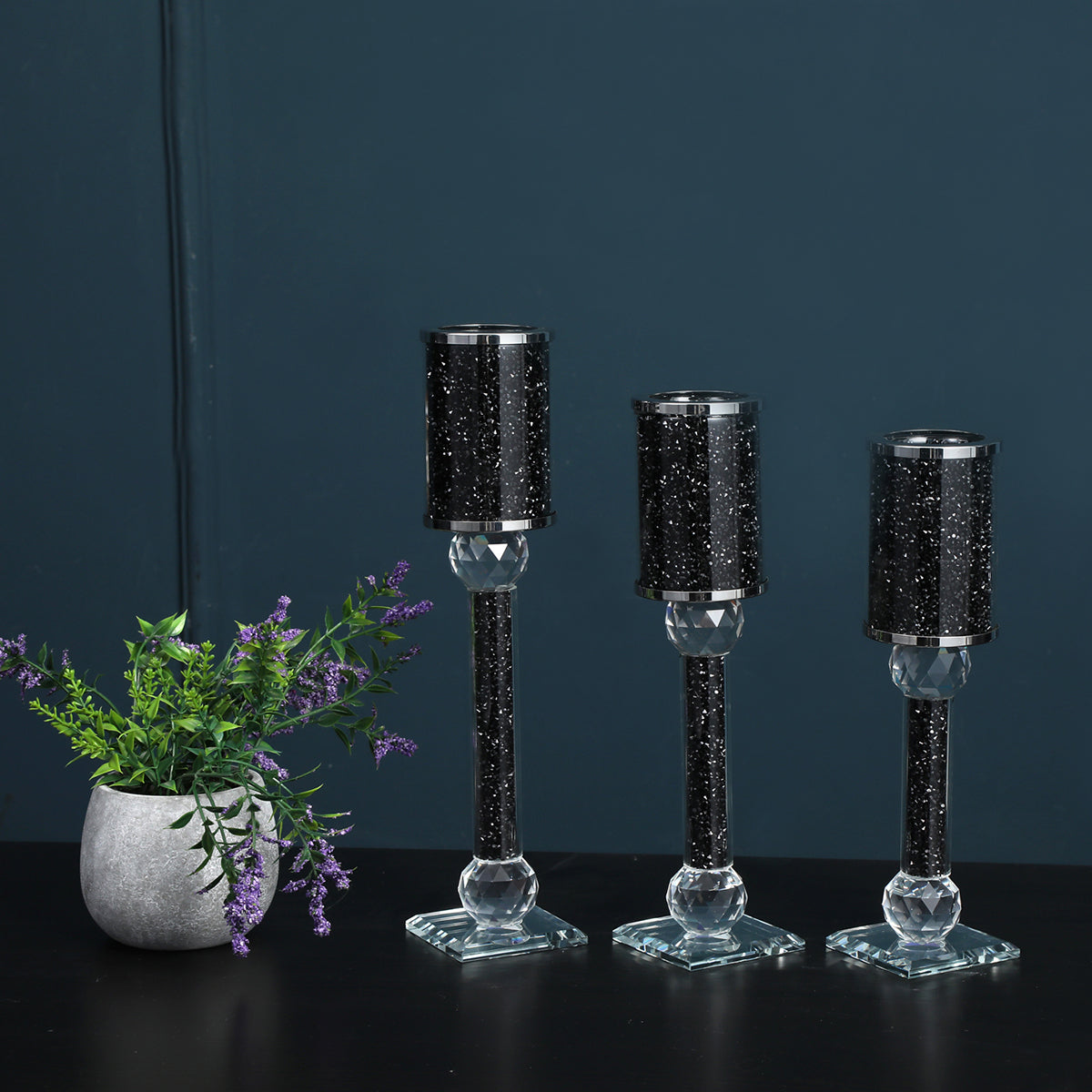 Ambrose Exquisite 3 Piece Candle Holder Set Black Glass