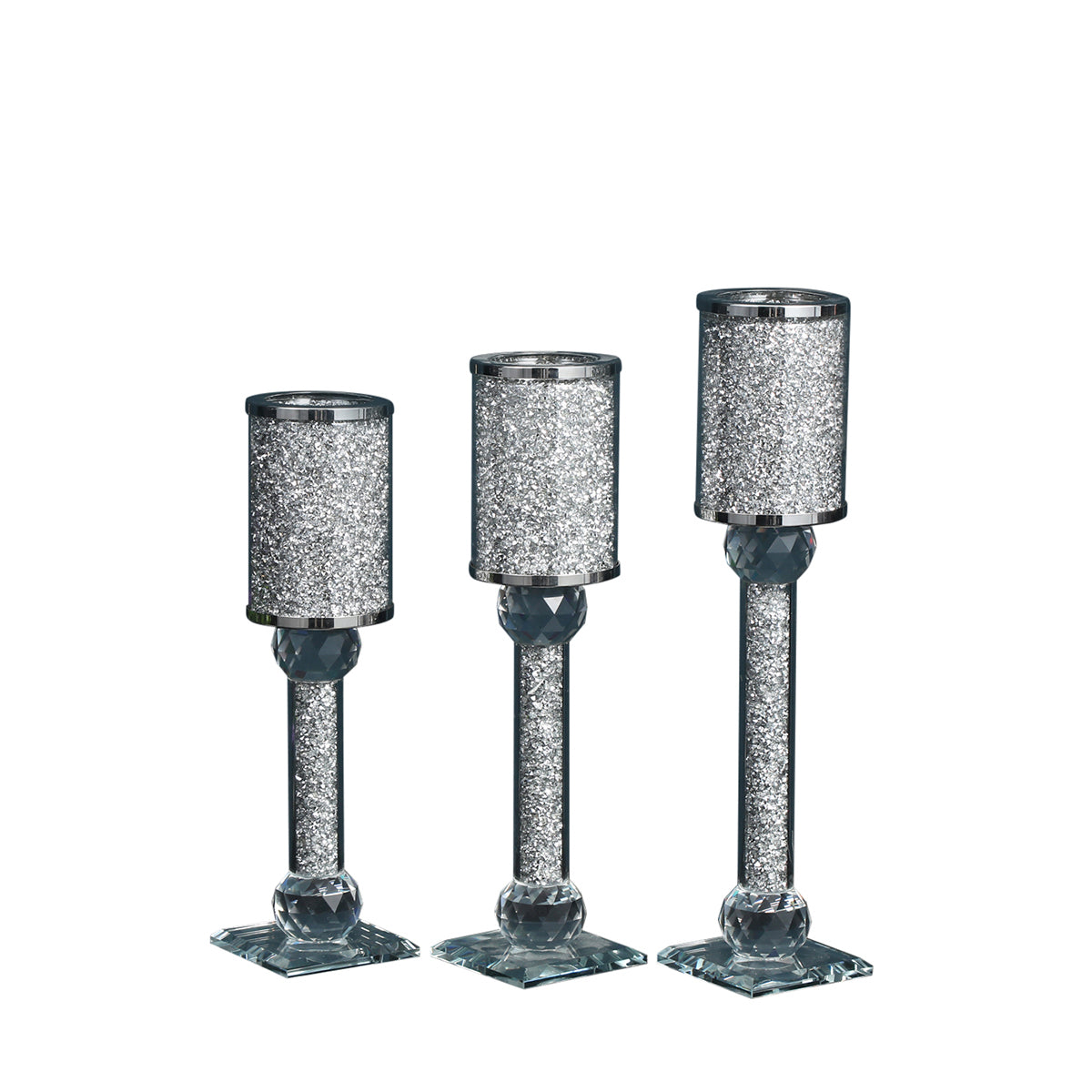 Ambrose Exquisite 3 Piece Candle Holder Set Silver Glass