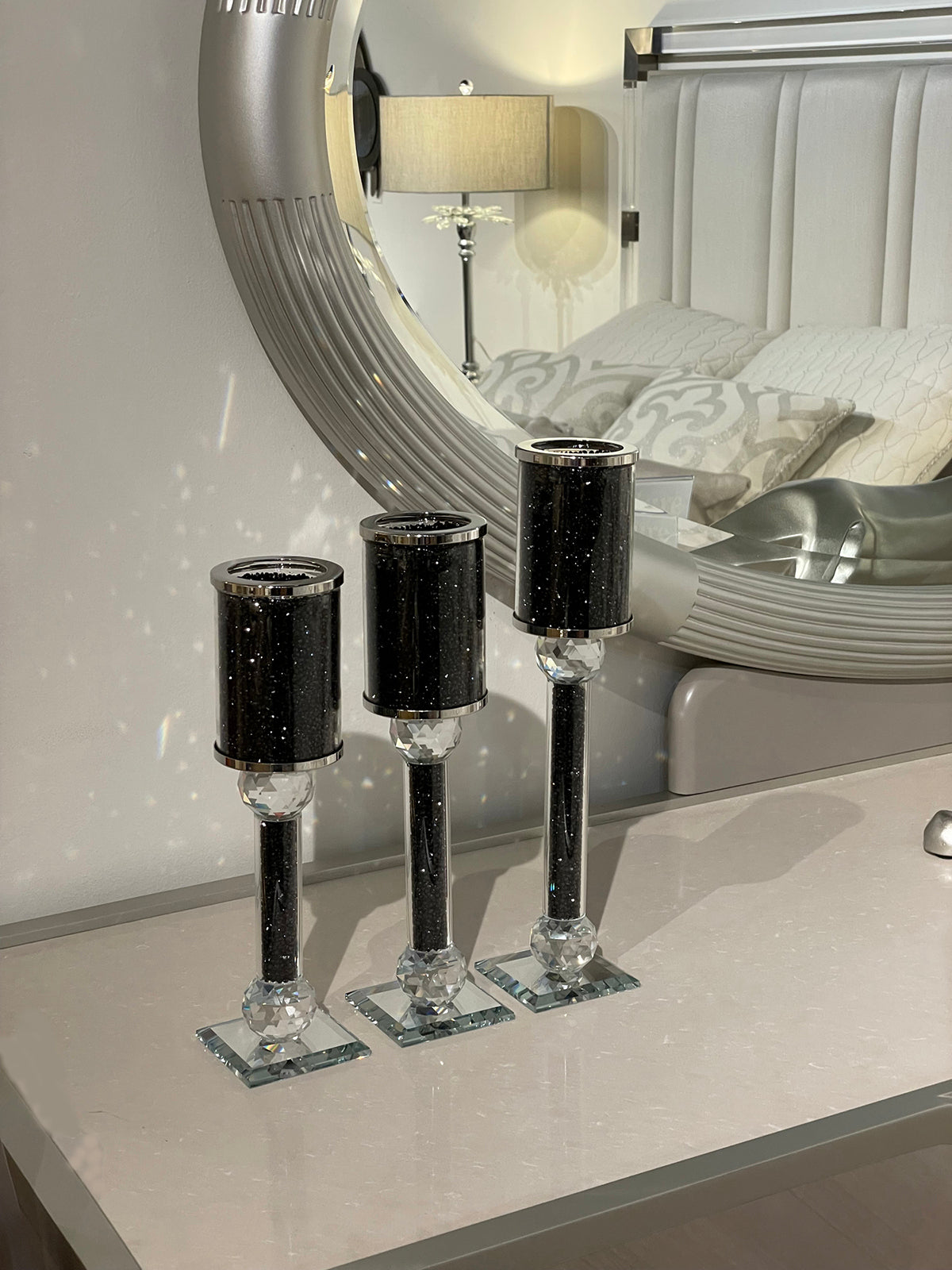 Ambrose Exquisite 3 Piece Candle Holder Set Black Glass