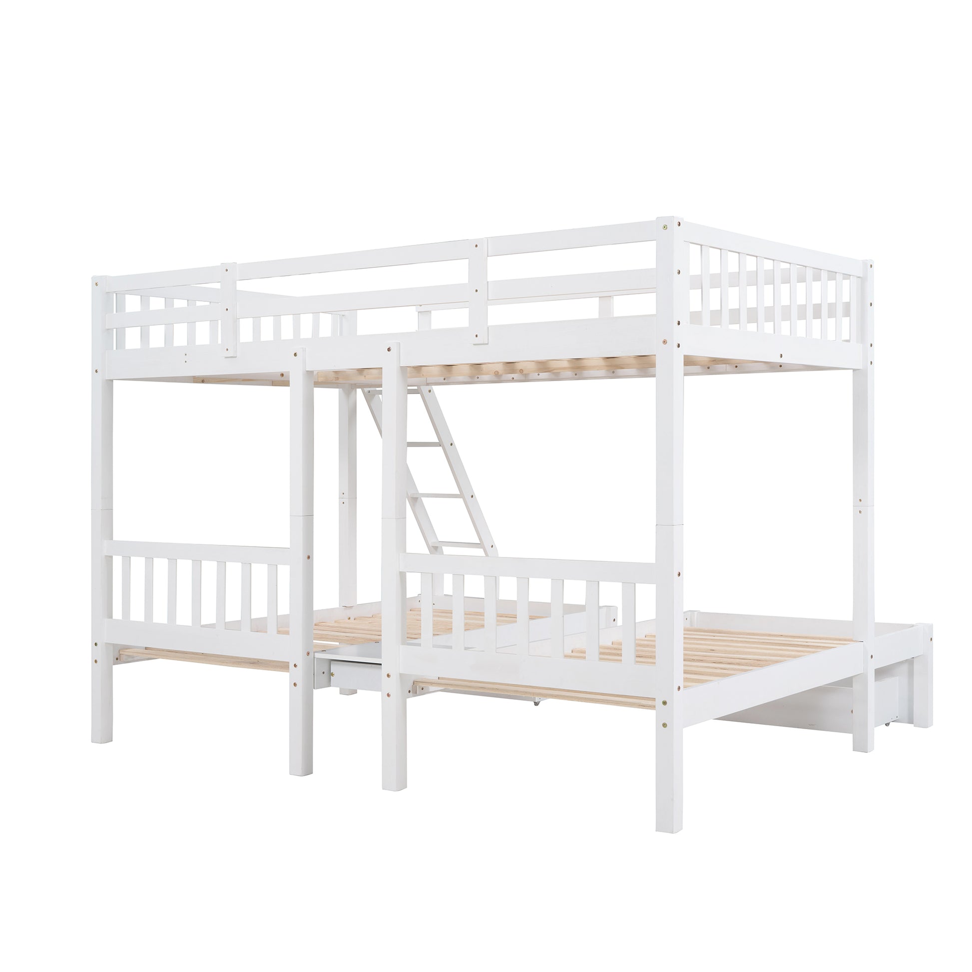 Full Over Twin & Twin Bunk Bed, Wood Triple Bunk Bed With Drawers And Guardrails, White Old Sku: Lp000143Aak White Solid Wood